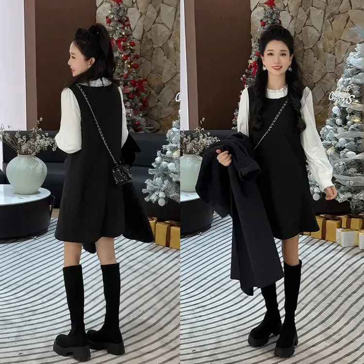 今年流行一整套女2026春季新款小众法式气质显瘦拼接假两件连衣裙