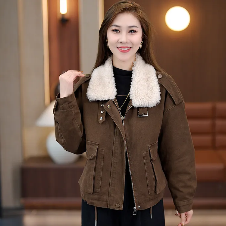 加绒工装牛仔棉服短外套女2025冬季新款韩版宽松休闲加厚棉袄夹克