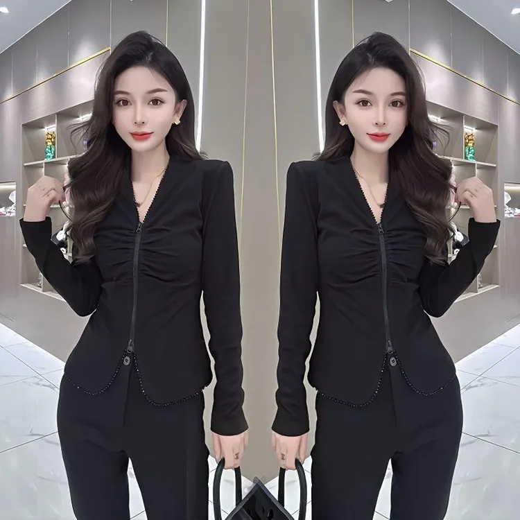 拉链透气标准褶皱长袖辣妹风T恤秋季时尚黑色春季