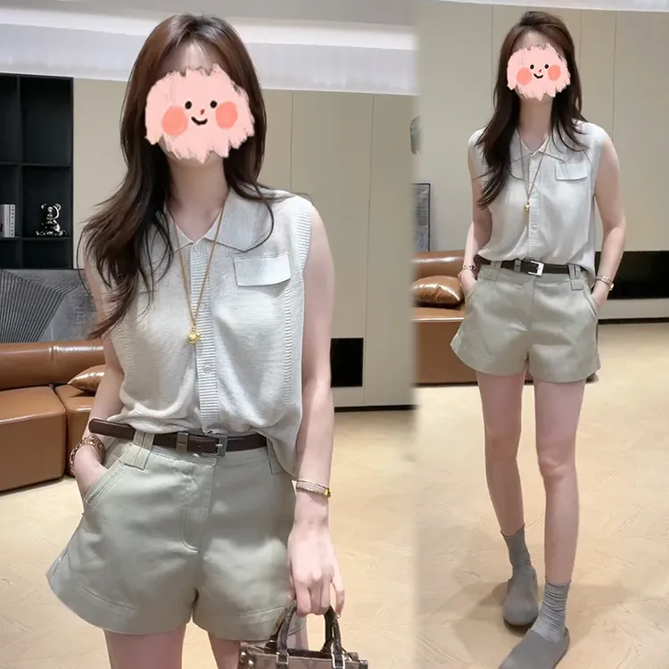 时髦洋气翻领无袖上衣短裤两件套2025夏新款韩系高级感穿搭一整套