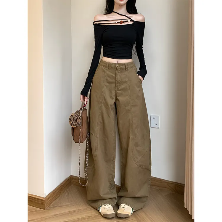 卡其弯刀垂感阔腿裤女2025年秋季新款高腰宽松显瘦休闲拖地长裤