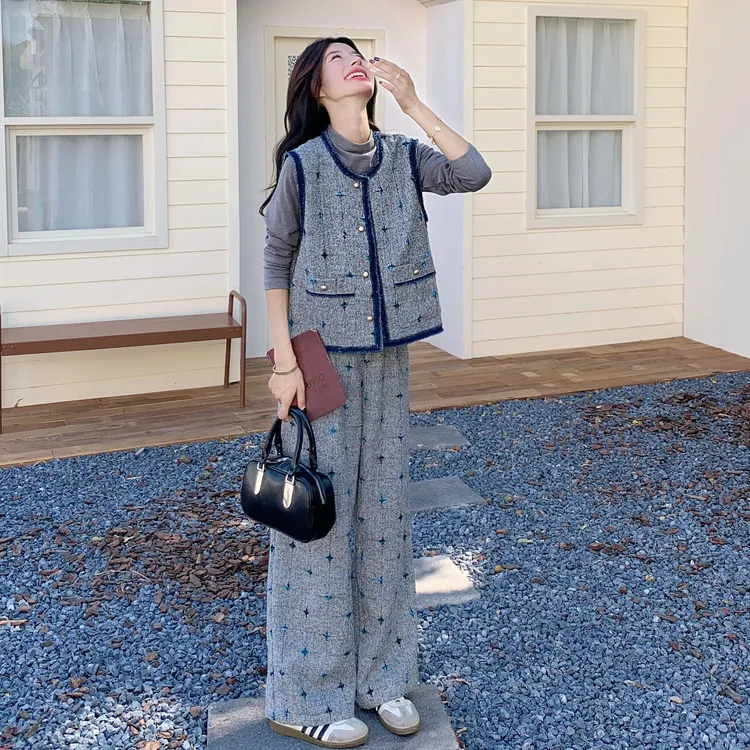 撞色毛边小香风刺绣套装女2025秋季法式复古马甲内搭阔腿裤三件套