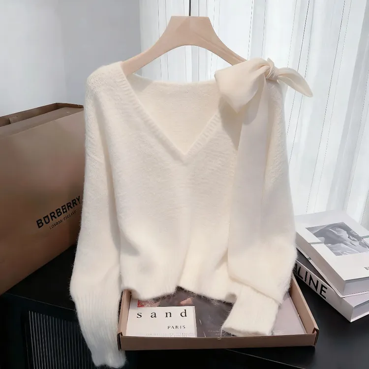 慵懒风甜美蝴蝶结设计感长袖毛衣秋冬新款宽松时尚百搭漂亮上衣女