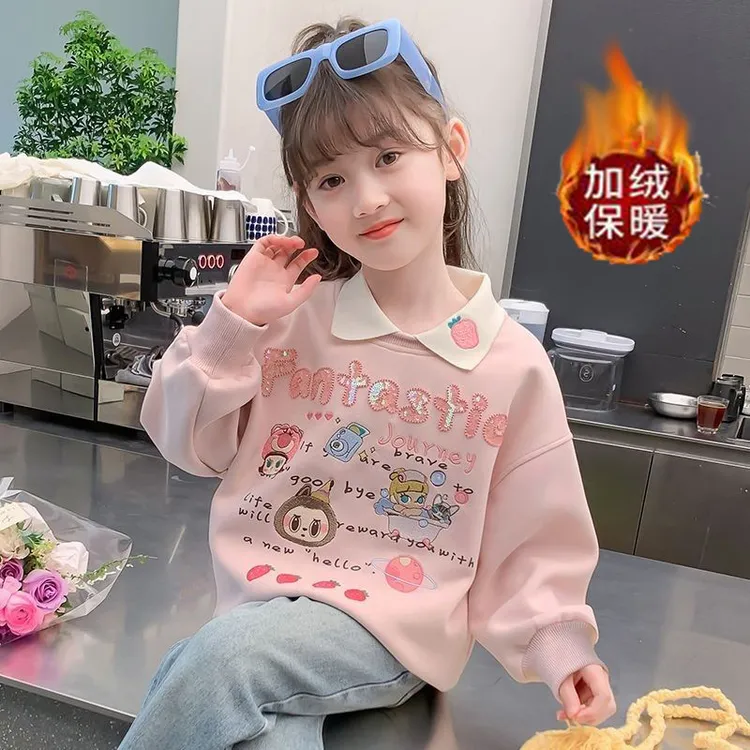 厂家批发女童冬装2025新款翻领加绒卫衣儿童休闲上衣春秋女孩衣服
