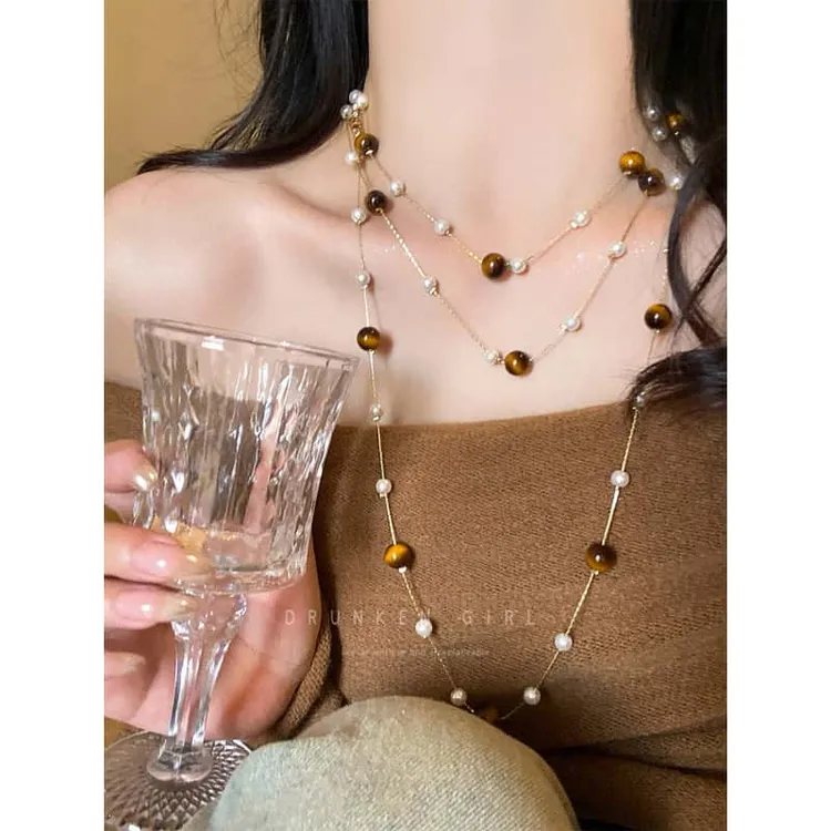 铜仿珍珠项链 美拉德虎眼石珍珠多层项链秋冬小众毛衣链衣服配饰 