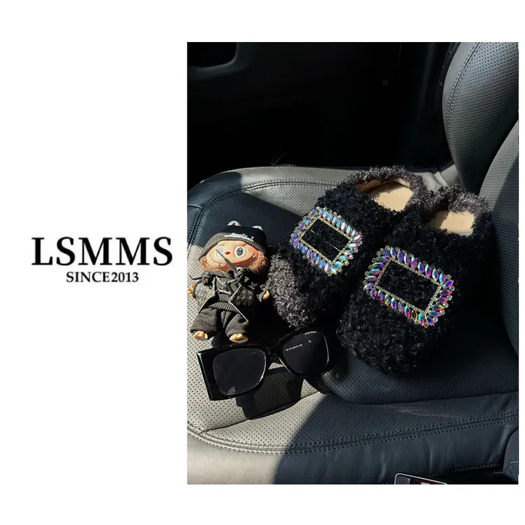 LSMMS设计师2025秋冬新款增高彩钻毛毛拖鞋女外穿防滑高级感1268