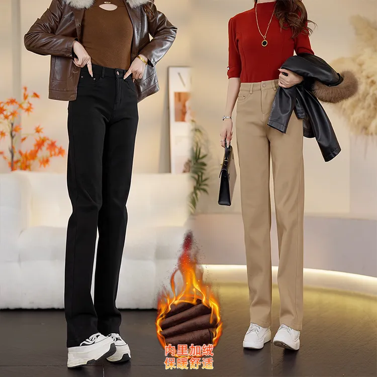 秋冬加绒窄版直筒裤长裤牛仔裤厚款常规休闲风时尚百搭高腰5233R