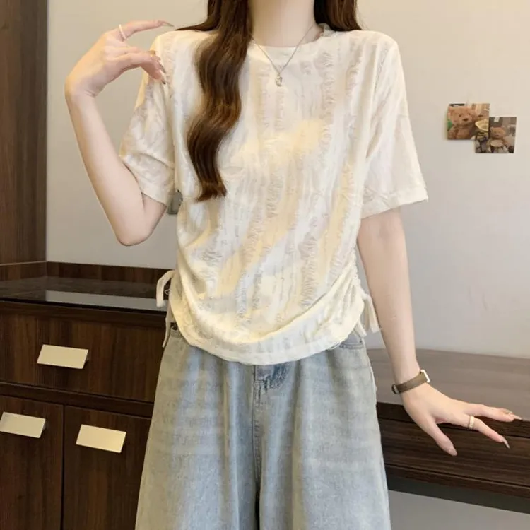 设计感破洞时尚抽绳短袖T恤女夏大码胖mm显瘦不规则收腰辣妹上衣