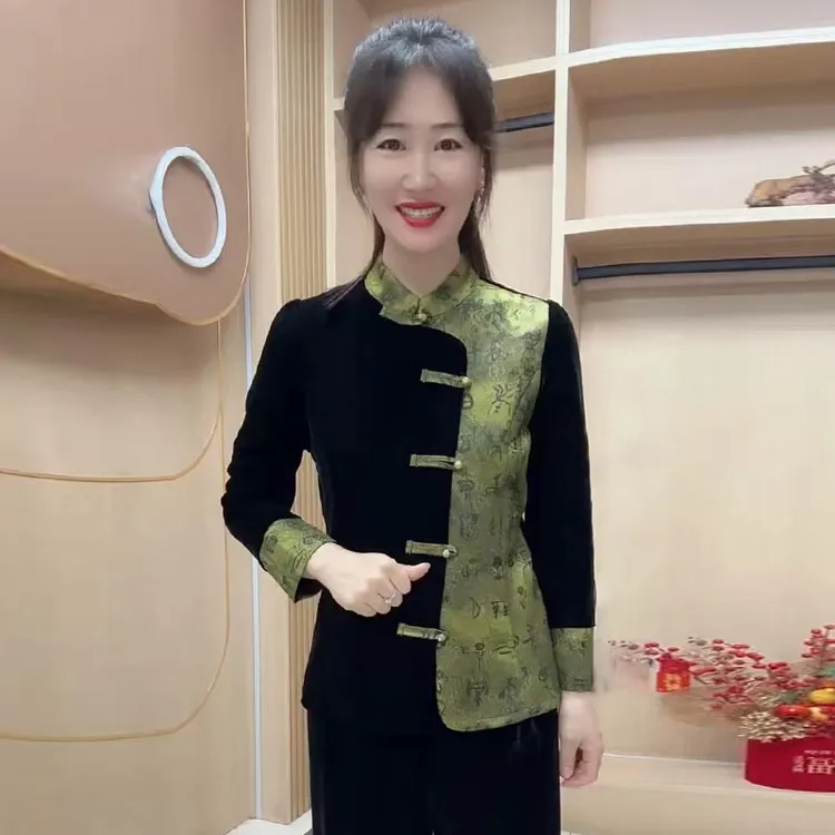 新中式国风秋冬中老年妈妈长袖丝绒衬衫气质拼接盘扣旗袍开衫外套