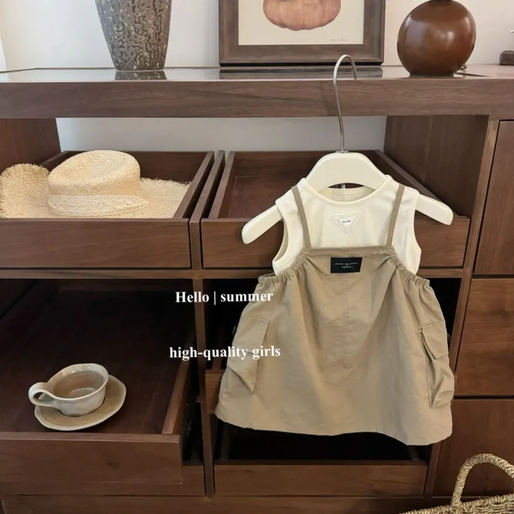 婴儿衣服夏季时尚工装背带裙背心吊带裙套装两件套女宝宝裙子