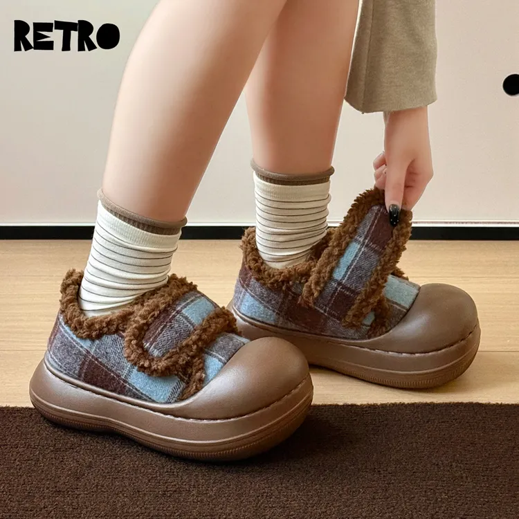 猫力魔术贴棉拖鞋女款加绒包跟复古撞色格子棉鞋冬季外穿防滑厚底