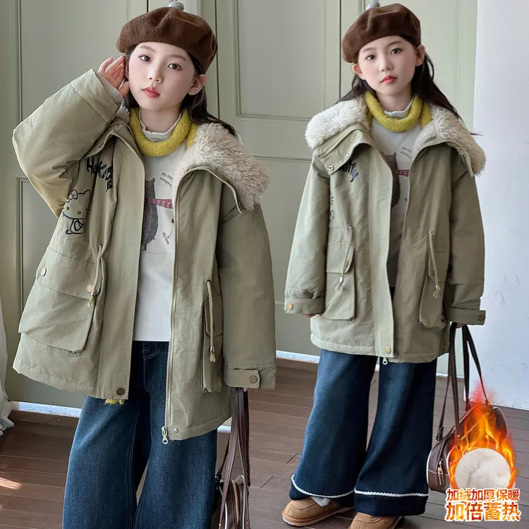 女童加绒收腰派克服秋冬6-12岁潮酷中大童时髦加厚冬季小学生外套