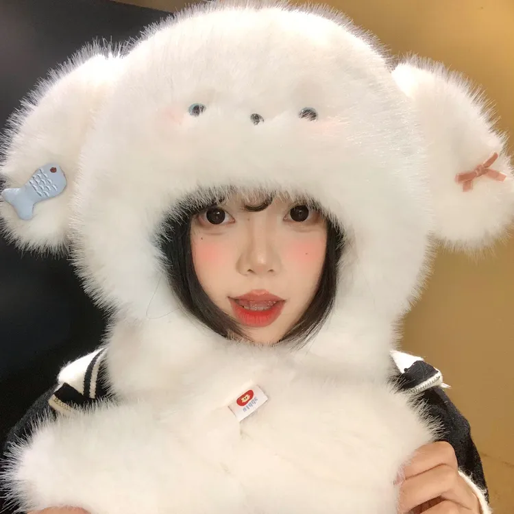 可爱小狗耳朵毛绒帽子围巾一体女秋冬季加厚保暖防寒护耳雷锋帽子
