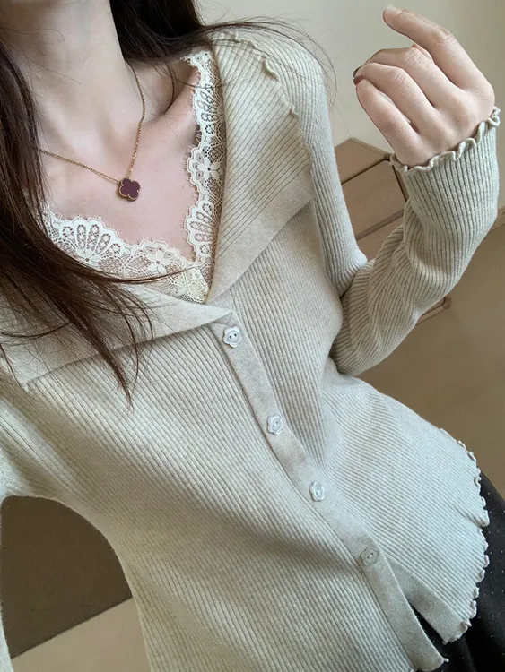 蕾丝拼接假两件针织打底衫2025秋季新款韩版修身甜美气质上衣女