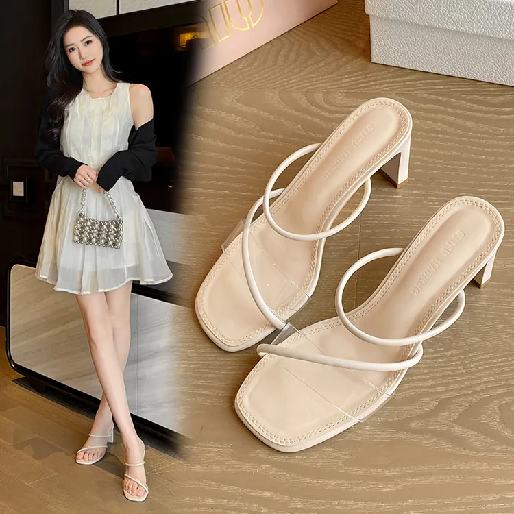 史蒂夫·马登2025一字带透明高跟女凉鞋夏季网红露趾粗跟时尚凉拖