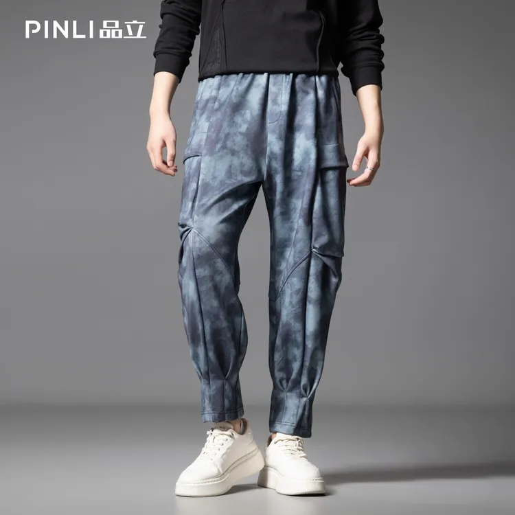 PINLI品立2025秋季新款潮牌扎染迷彩束脚工装裤男士宽松休闲长裤