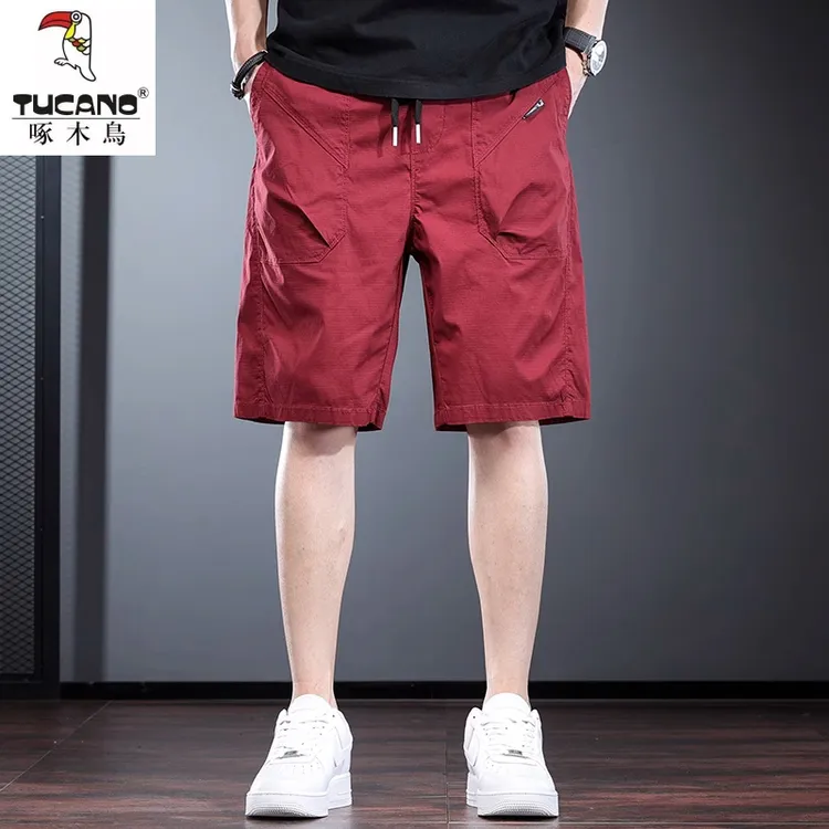 酒红色短裤男夏季新款潮牌宽松直筒中裤高级感欧美工装休闲五分裤