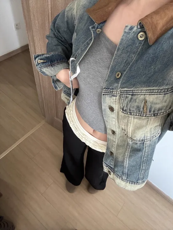 春秋新款做旧水洗蓝灯芯绒领复古落肩廓形时尚牛仔衣女装夹克外套