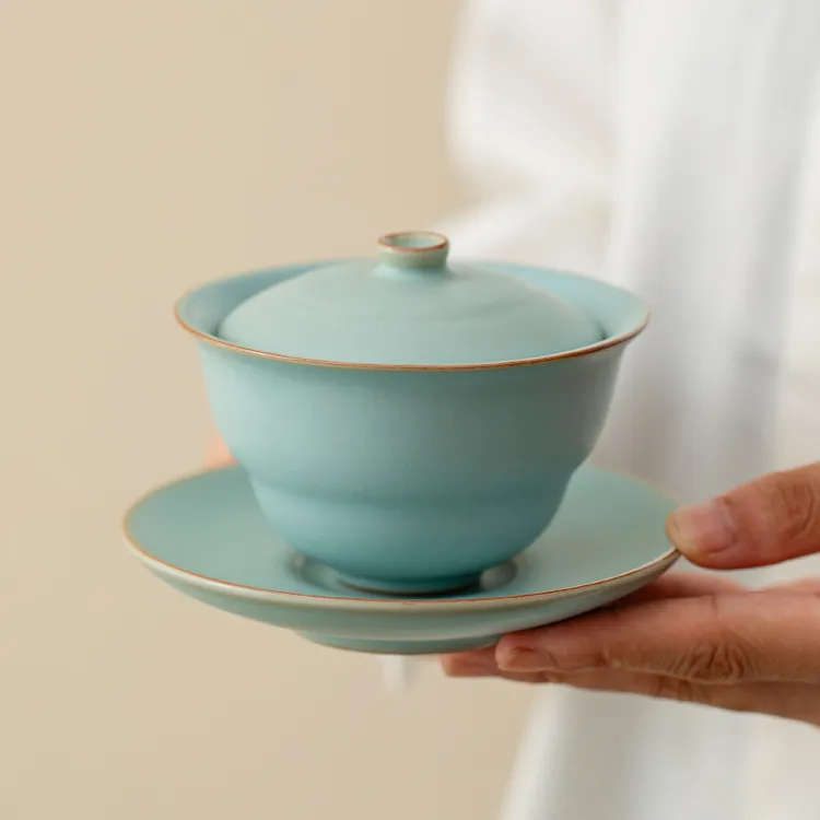 汝窑三才盖碗单个家用小号开片可养陶瓷办公泡茶碗天青会客敬茶碗