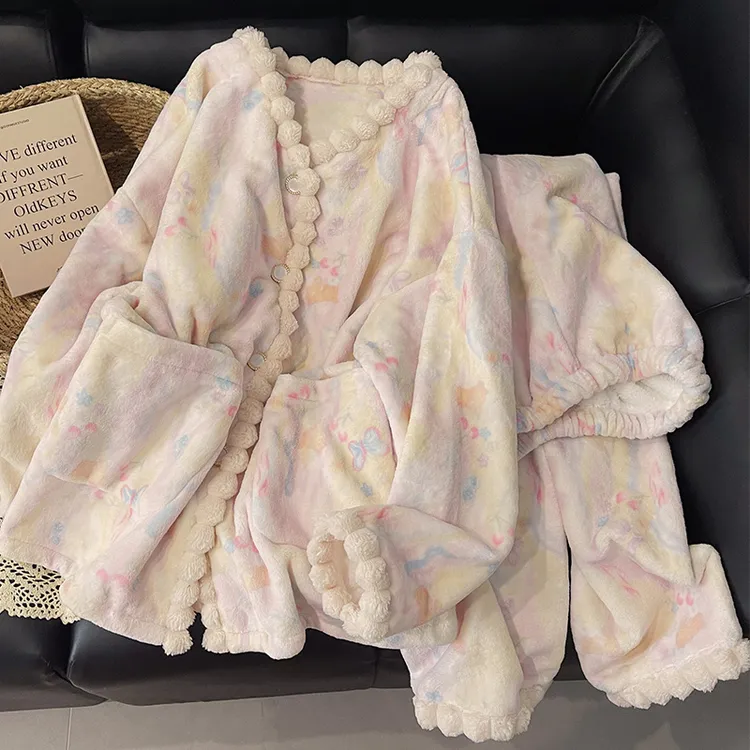 珊瑚绒睡衣女春秋冬季加厚保暖气质蝴蝶家居服公主风套装