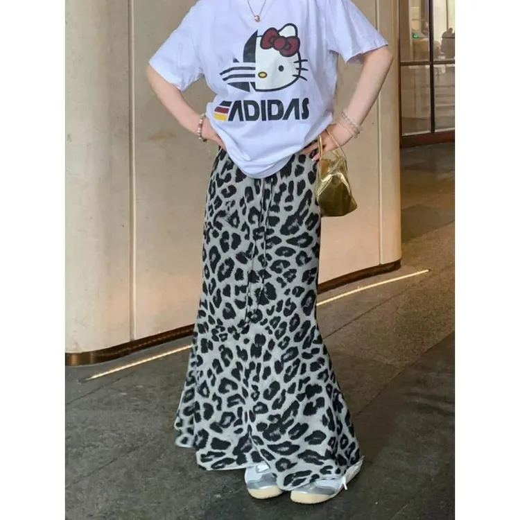美式复古豹纹半身裙夏季显瘦小众新款抽绳百搭高腰垂感鱼尾长裙