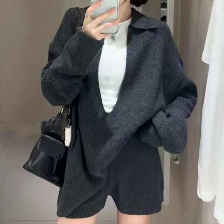 春季针织冬季落肩袖纯色针织衫宽松针织衫女装韩版