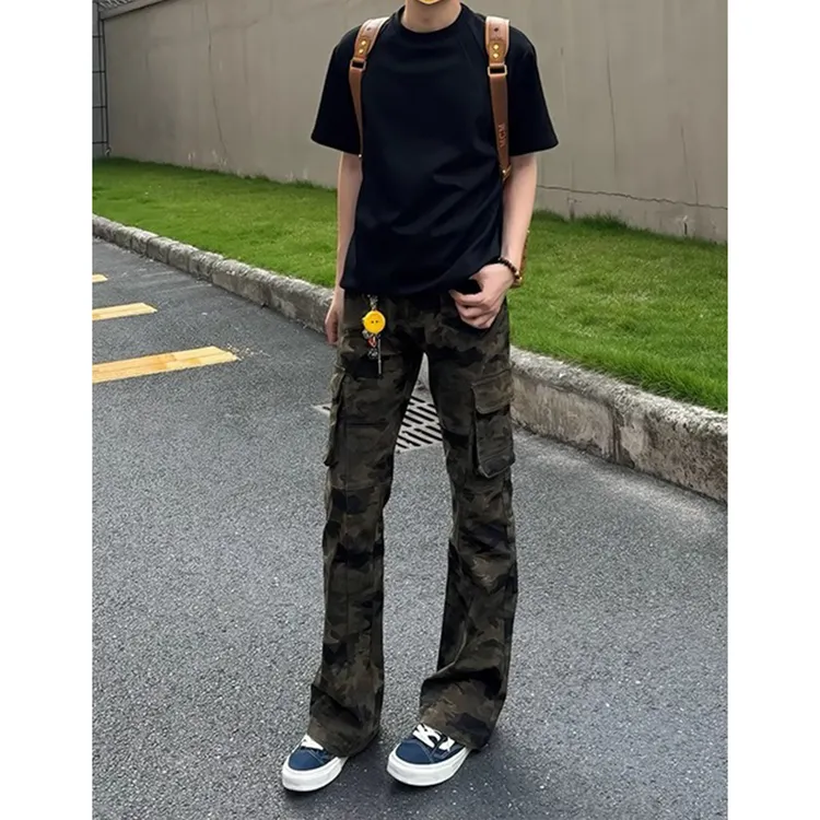 迷彩弯刀牛仔裤男款秋季潮牌工装cleanfit裤子美式高街微喇直筒裤