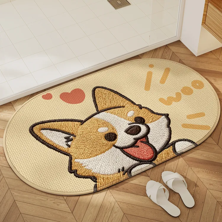 柯基浴室地垫卡通家用卫生间门口吸水速干脚垫仿亚麻防滑地毯垫子