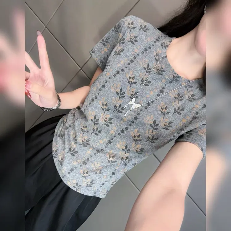 2025夏季新款 欧货满印圆领短袖T恤女时尚百搭上衣5512#