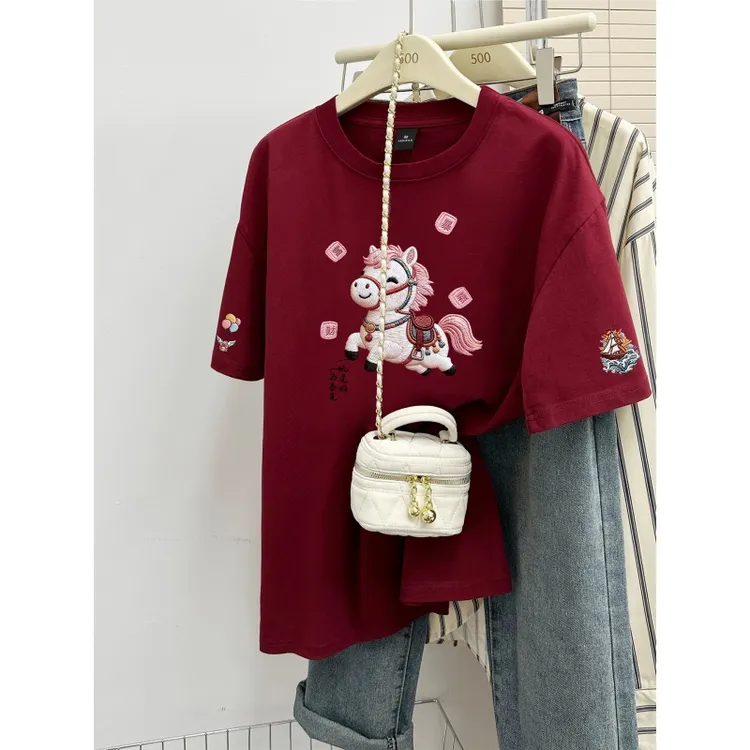 2026新款小马印花纯棉短袖t恤女宽松大码设计感半袖圆领体恤上衣