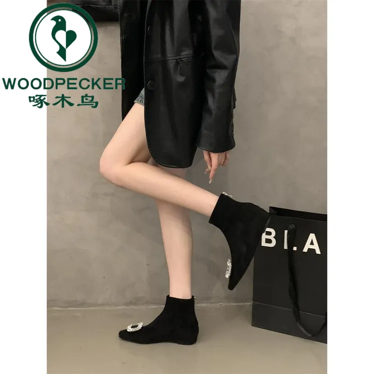 啄木鸟内增高法式短靴女2025秋冬新款水钻方扣显瘦百搭韩系小裸靴