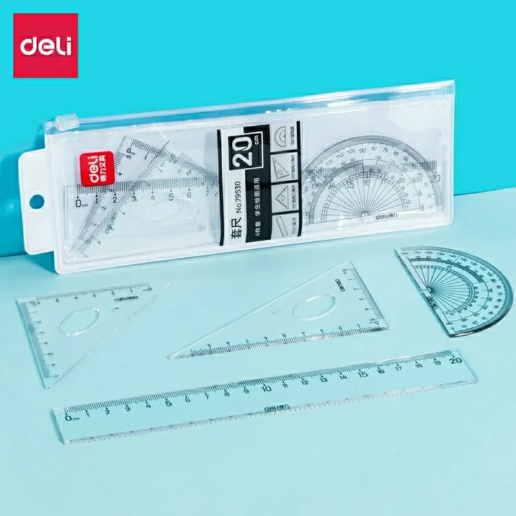 得力学生易读大字绘图套尺酷黑风格四件套小学生儿童直尺尺子套装