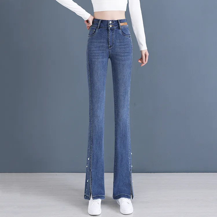 蓝色开叉微喇牛仔裤女2025秋季新款高腰显瘦修身直筒小个子喇叭裤