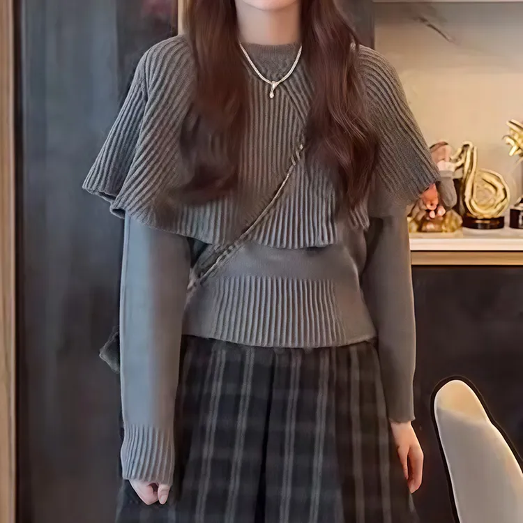 韩系温柔风小斗篷假两件针织衫女2025秋冬新款时尚设计感淑女毛衣