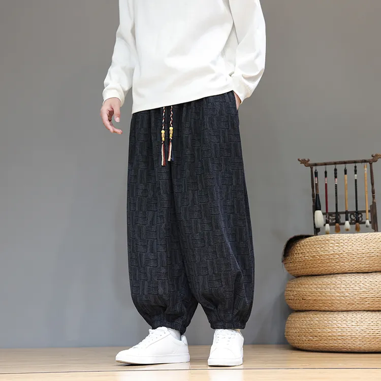 新中式阔腿裤男士秋冬新款休闲宽松大码胖子中国风灯芯绒哈伦裤潮