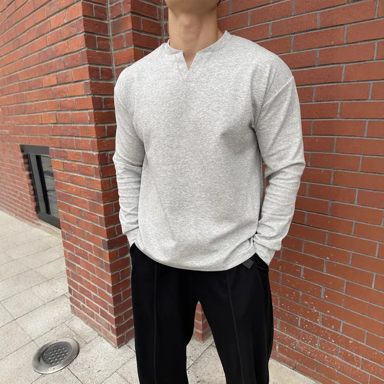 cleanfit浅灰色亨利领V领长袖t恤男款春秋正肩美式复古内搭打底衫