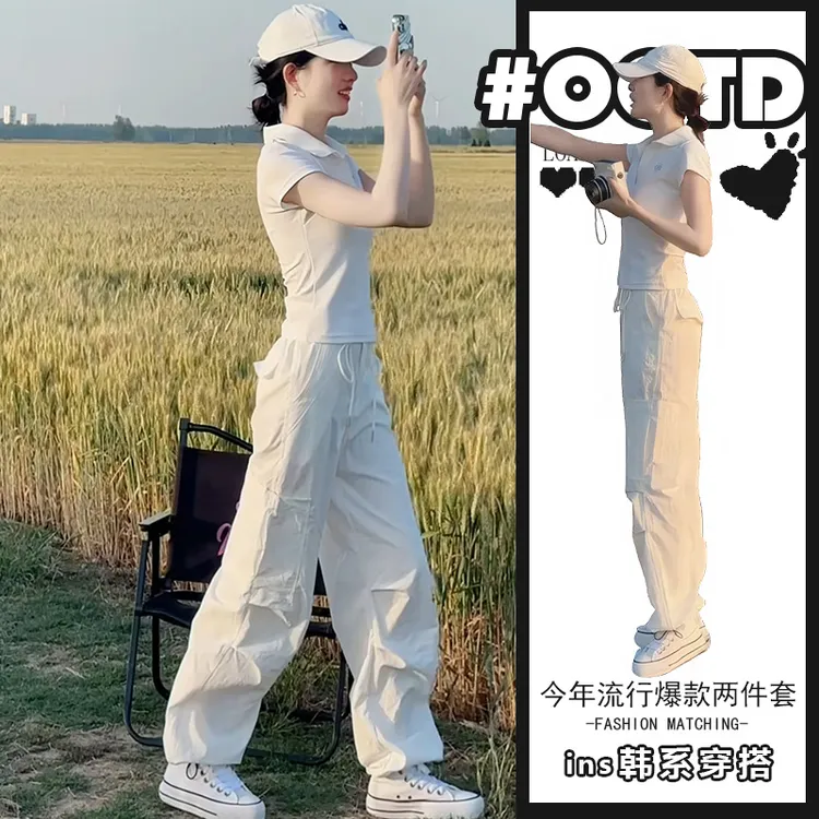 夏季休闲运动套装女新款高级感小众海鸥领显瘦上衣高腰气质工装裤