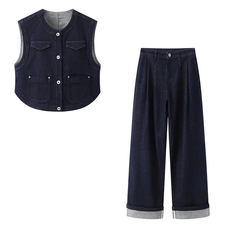 艾家2025春夏新款直筒阔腿牛仔裤马甲背心外套套装女3232 1532