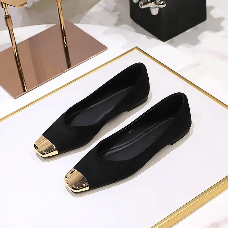 【平底鞋】气质软底百搭柔软舒适单鞋绒面金属小圆头拼接女鞋方头浅