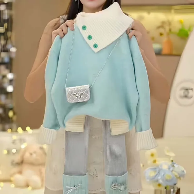 女童秋季毛衣打底裤套装2025新款小女孩翻领针织上衣堆堆袜两件套