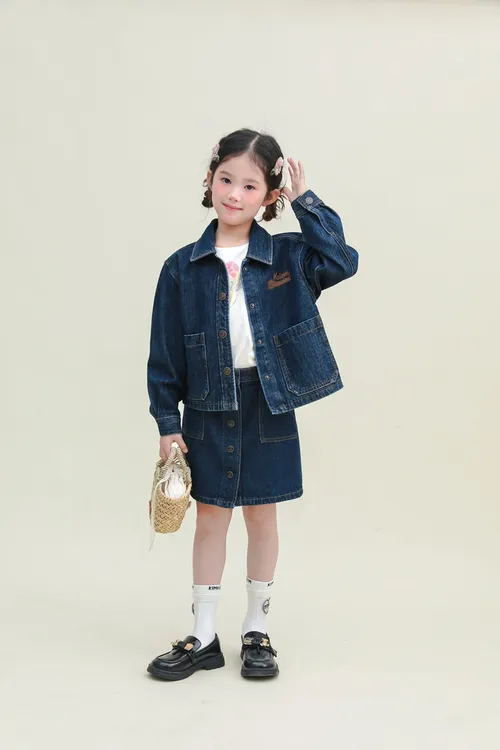 法单早春新款男女同款全棉水洗牛仔外套全棉童装刺绣上衣牛仔半裙