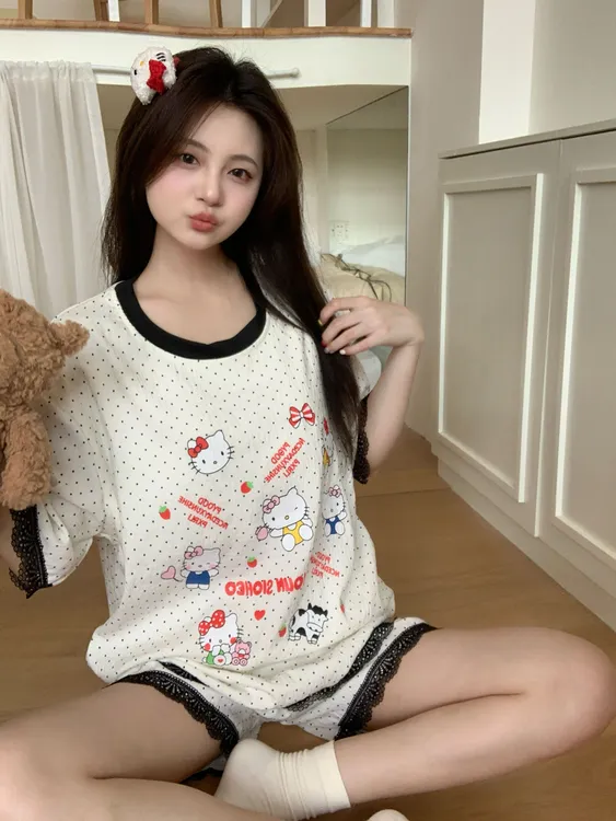 蕾丝花边波点猫咪睡衣女短袖短裤家居服2025夏季新款带胸垫两件套