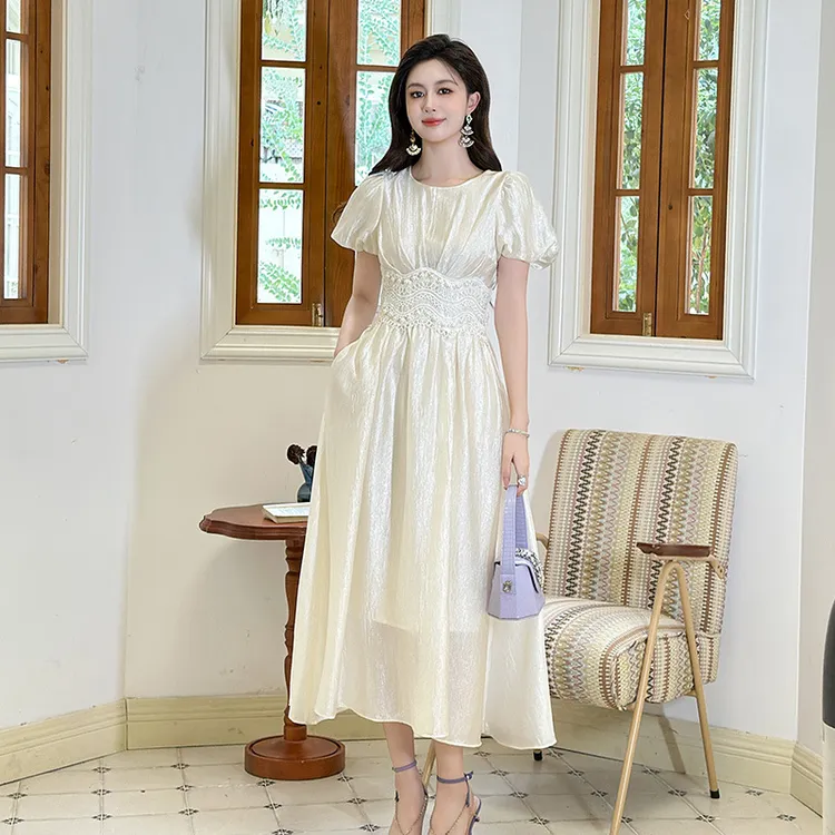 婷婷衣恋45213夏季新款优雅气质泡泡袖收腰钉珠过膝长款连衣裙