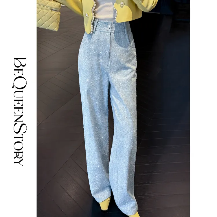 余潇潇【奢香步调】时尚百搭层次感拉毛烫钻显瘦镀膜抓绒牛仔直筒裤