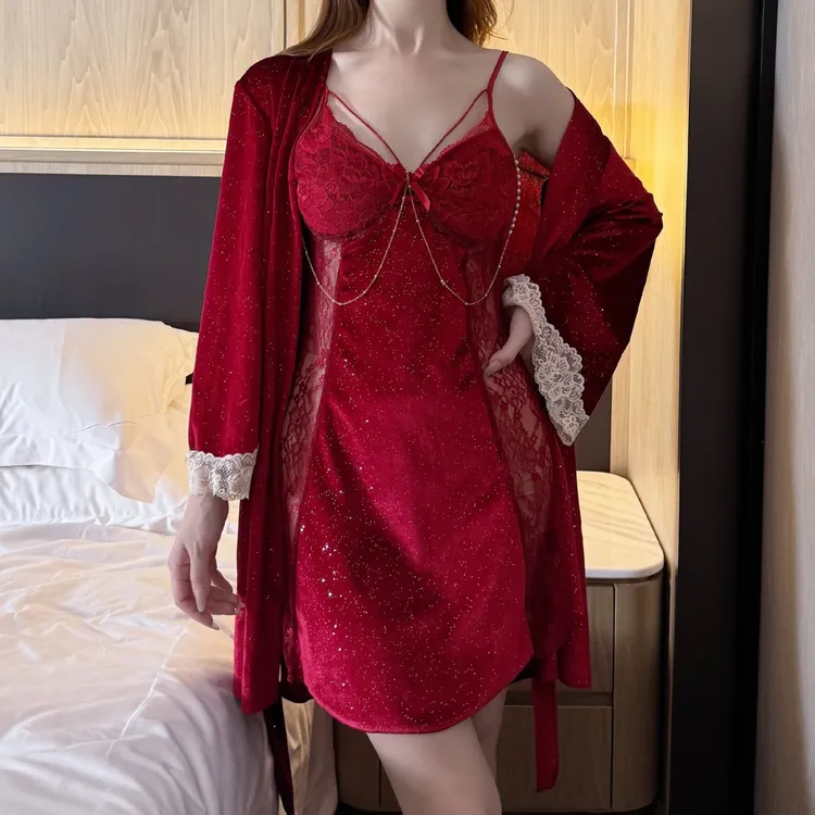 性感吊带金丝绒睡裙睡袍两件套睡衣女士春秋家居高级感奢华珍珠链