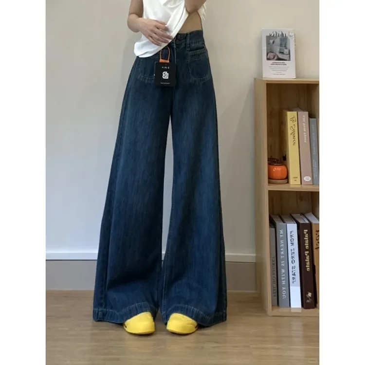 美式复古深蓝色阔腿牛仔裤女2025夏季新款高腰显瘦宽松垂感拖地裤