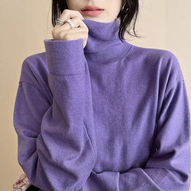 十三行冬简约桑蚕丝高领慵懒羊毛毛衣女