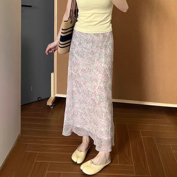 夏季薄款碎花显腿长半身裙大码梨形包臀鱼尾裙显瘦垂坠感粉色纱裙