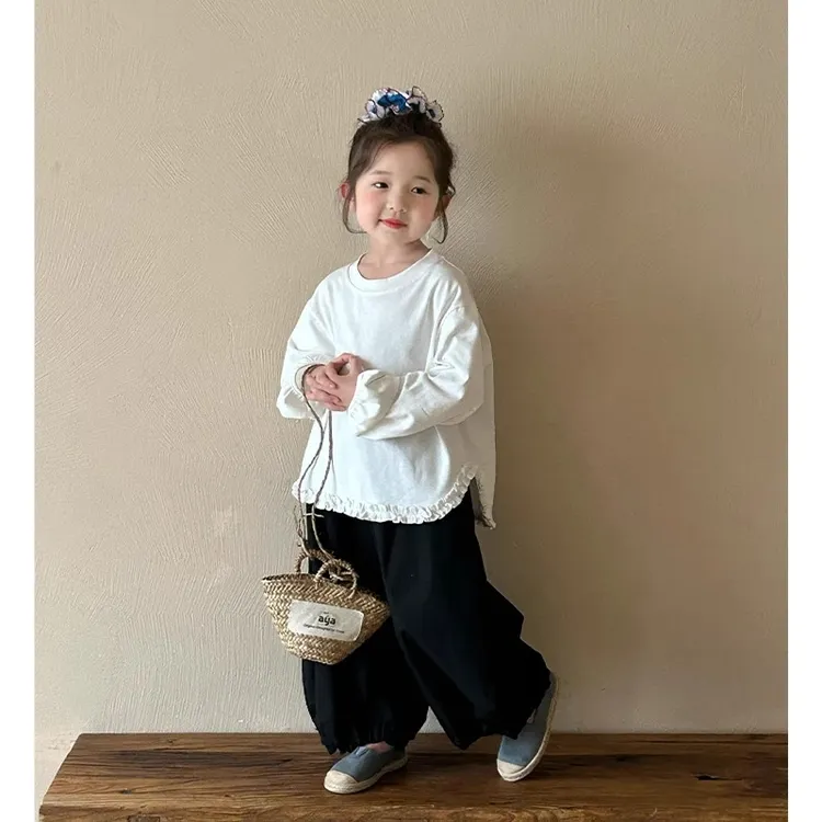 2025春季新款童装 韩版童装 女童设计感木耳边圆领白色T恤 百搭款