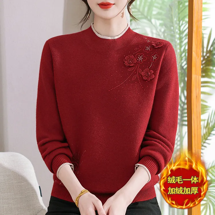 妈妈秋冬装加绒加厚毛衣女洋气上衣中老年人一体绒保暖内搭打底衫